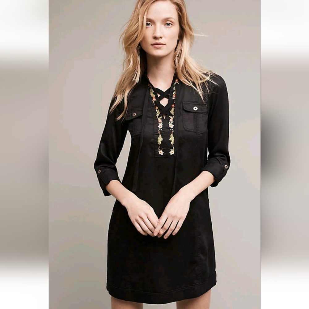 Anthro Holding Horses Black Embroidered Lace Up Longsleeve Shirt Dress Size 8